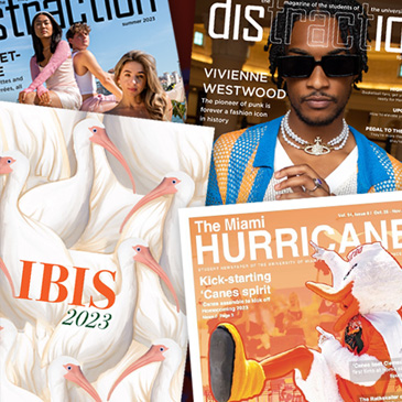 A collage of cover designs by Ibis Yearbook, Distraction magazine, and The Miami Hurricane student newspaper.