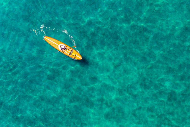 Aerial Image of kayak in Lake Tahoe in California stock photo