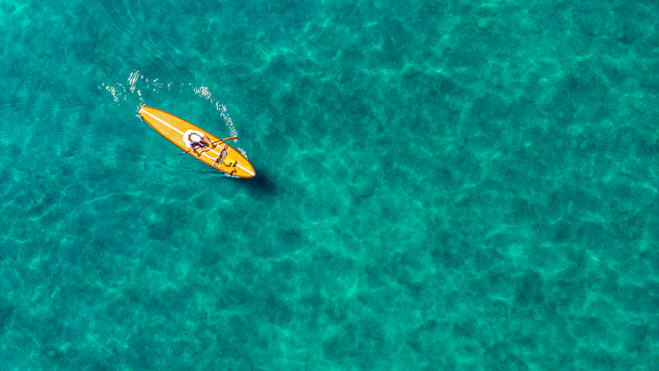 Aerial Image of kayak in Lake Tahoe in California stock photo