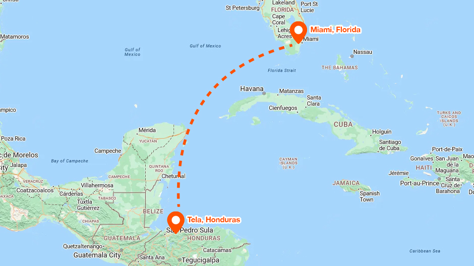 Tela to Miami map