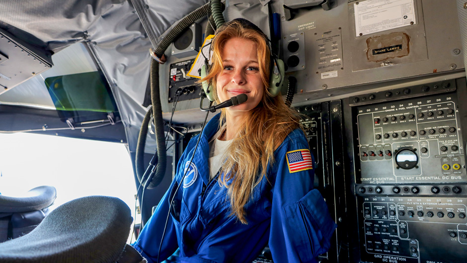 Graduate student Devon Ledbetter is creating a virtual reality experience on the work of hurricane hunters and their flights into the storm. 