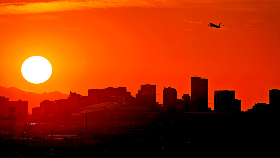 A jet takes off from Sky Harbor International Airport in Phoenix, Arizona, in July 2023.  