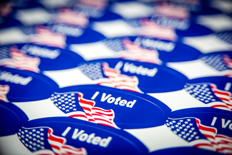 Collage of 'I Voted' stickers. Stock photo.