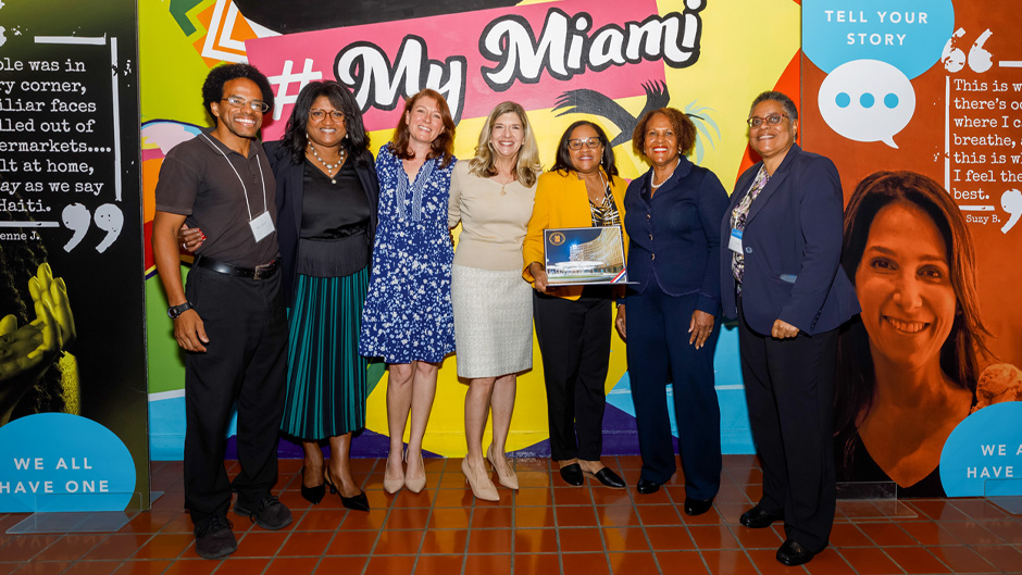 From left: Rob Collins, Education and Outreach Coordinator, Housing Opportunities Project for Excellence(HOPE); Lisa Rice, president and CEO of the National Fair Housing Alliance; Marisa Hightower, associate director of the Office of Civic and Community Engagement (CCE); Robin Bachin, founding director of CCE; Keenya Robertson, president and CEO of HOPE; Diane Shelley, principal deputy assistant secretary of fair housing and equal opportunity at the U.S. Department of Housing and Urban Development (HUD); and Vicki Johnson, southeast housing program officer at HUD in Equal Opportunity Compliance gather at the 