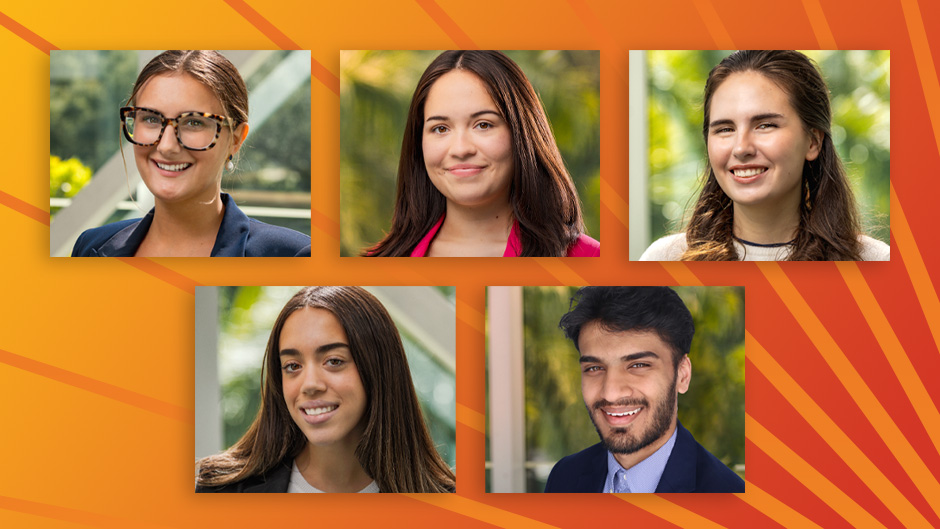 Collage of student portraits of five University students selected as this year’s Library Research Scholars and Adobe Scholars