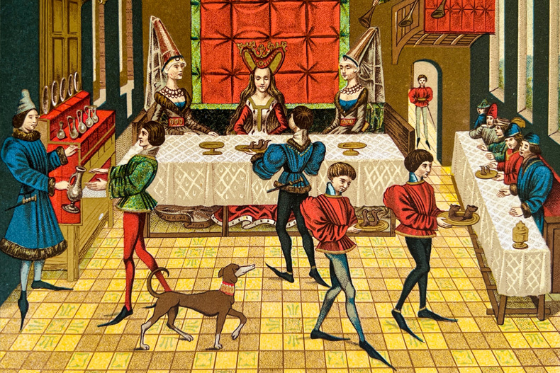 Medieval banquet in a castle, color illustration stock illustration 