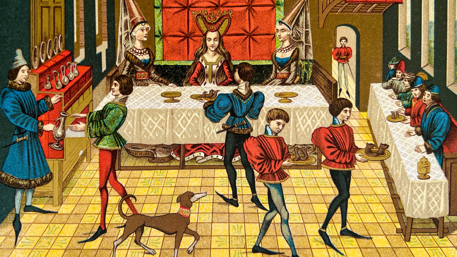 Medieval banquet in a castle, color illustration stock illustration