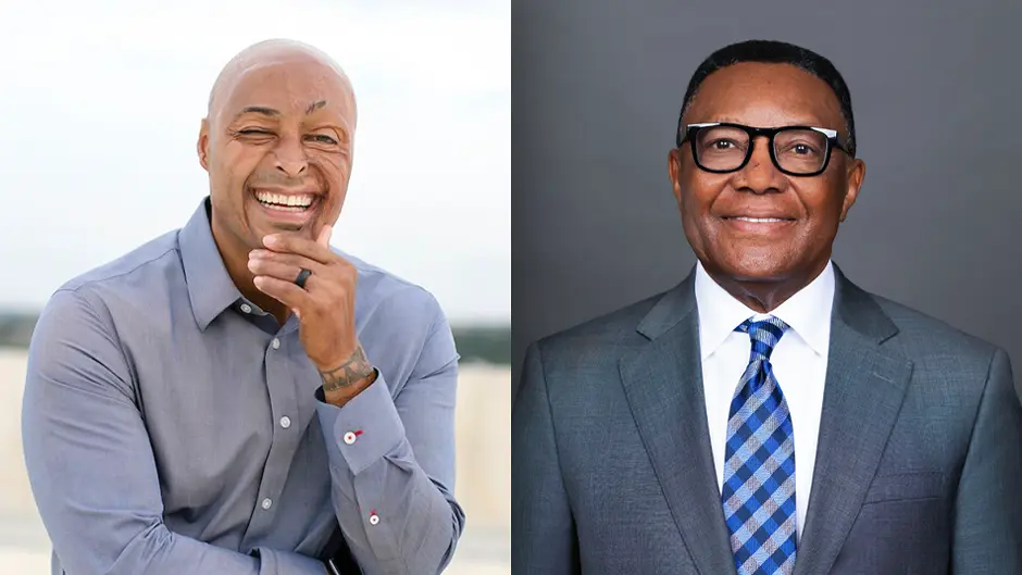 Headshots of U.S. Army veteran J.R. Martinez and Dean Vincent Omachonu, educator, scholar, and consultant 