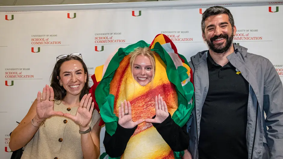 Sabrina Pizziol, manager of brand public relations for Subway and a University of Miami alumna, poses with senior Madison Jursca and Brad Simon, senior director of brand communications for Subway, following the students’ capstone presentation at the School of Communication.