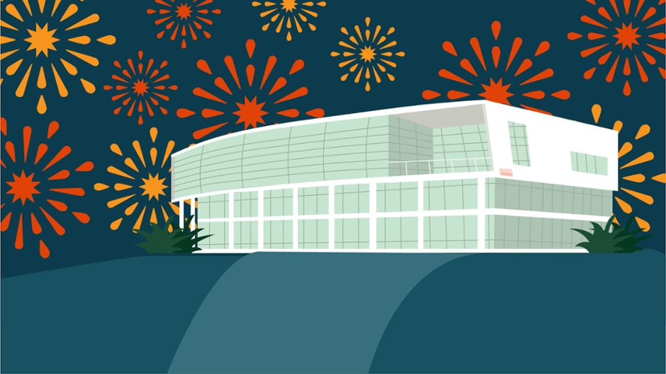 Shalala Student Center Graphic with Fireworks