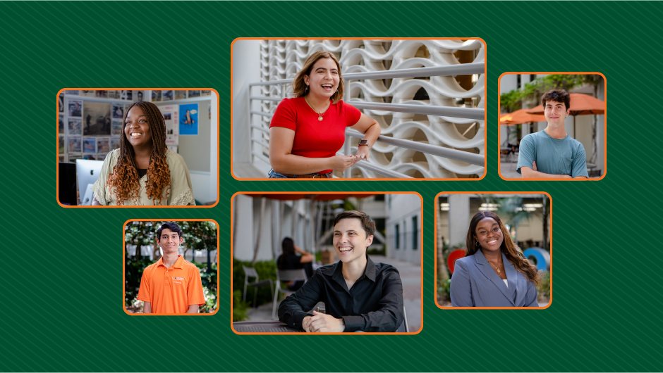 Six frames featuring six student portraits against a green background.