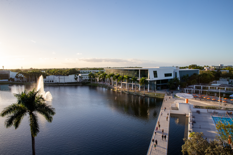 Shalala Student Center and Lake Osceola viewed from Lakeside Village. 