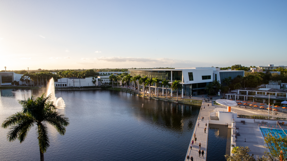 Shalala Student Center and Lake Osceola viewed from Lakeside Village.