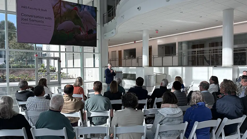 Provost Joel H. Samuels speaking with faculty and staff