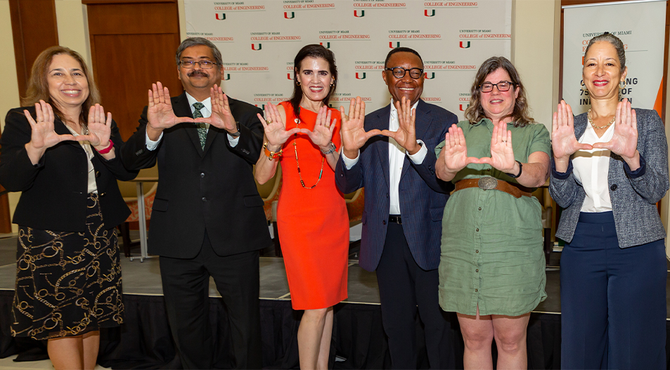 Derin Ural, Ph.D., associate dean of student affairs, Dean Pratim Biswas, Ph.D., alumna and Board Trustee Ana VeigaMilton, Vincent Omachonu, Ph.D., professor and chair of the Department of Industrial Engineering, Kathryn Oleson, Ph.D., dean of the faculty and professor of psychology at Reed College, Laura Kohn-Wood, Ph.D., dean of the School of Education and Human Development.