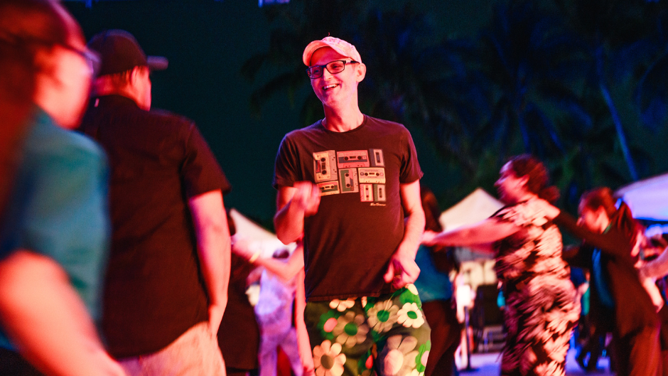 Juraj Kojš in "Closer Encounters: The Orchid Adventure," a collaborative work, at the Miami Beach Bandshell. Photo by Osmany Torres, courtesy of Juraj Kojš.