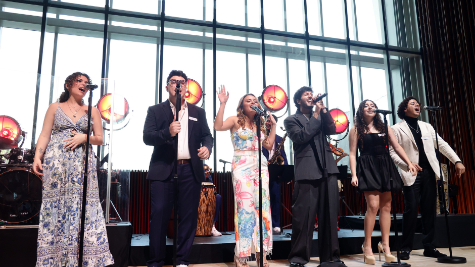 Latin GRAMMY Cultural Foundation scholarship recipients performed with Yatra at the Knight Center for Innovation. Credit: John Parra/Getty Images for the Latin GRAMMY Cultural Foundation.