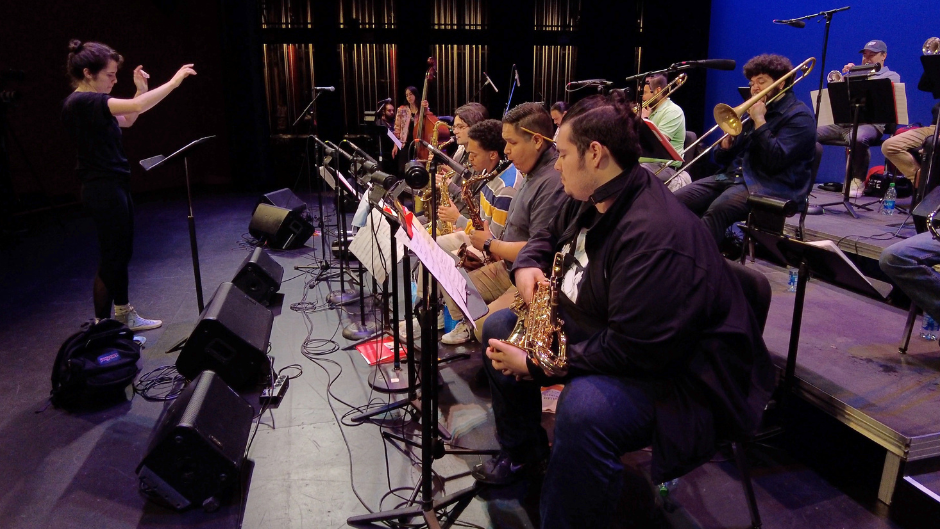 The Julia Keefe Indigenous Big Band rehearsing. Photo by Jeff Barehand/courtesy Julia Keefe.