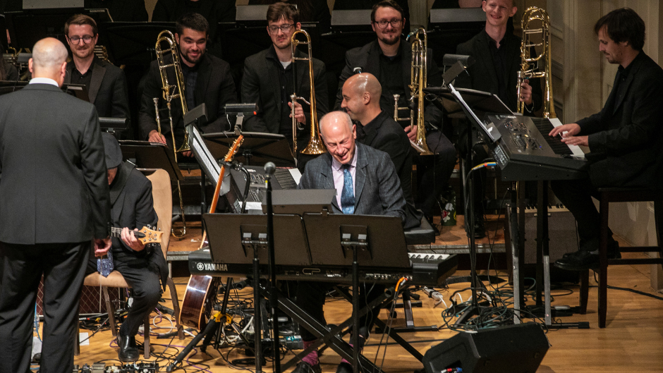 Frost School Dean Shelton G. Berg playing with the Henry Mancini Institute Orchestra at the Library of Congress. Photo courtesy of the Library of Congress