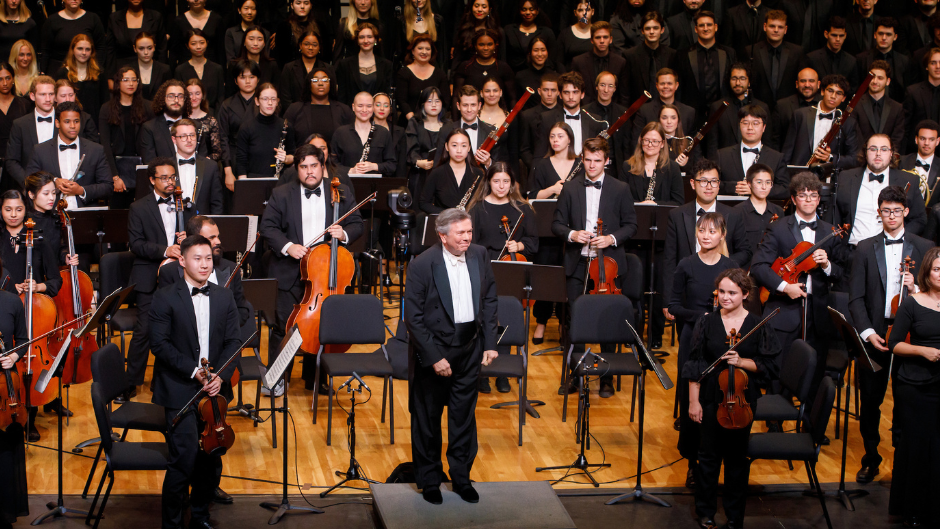 Maestro Gerard Schwarz with the Frost Symphony Orchestra and Frost School choirs in Beethoven's 9th Symphony at Gusman Concert Hall last April. Photo by Gonzalo Mejia/Frost School of Music.