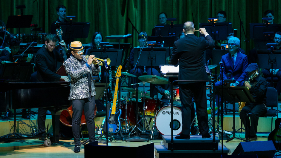 Frost SchooFrost School professor Etienne Charles performing with the Henry Mancini Institute Orchestra at the Jazz Roots series last season. Photo by Morgan Sophia Photography