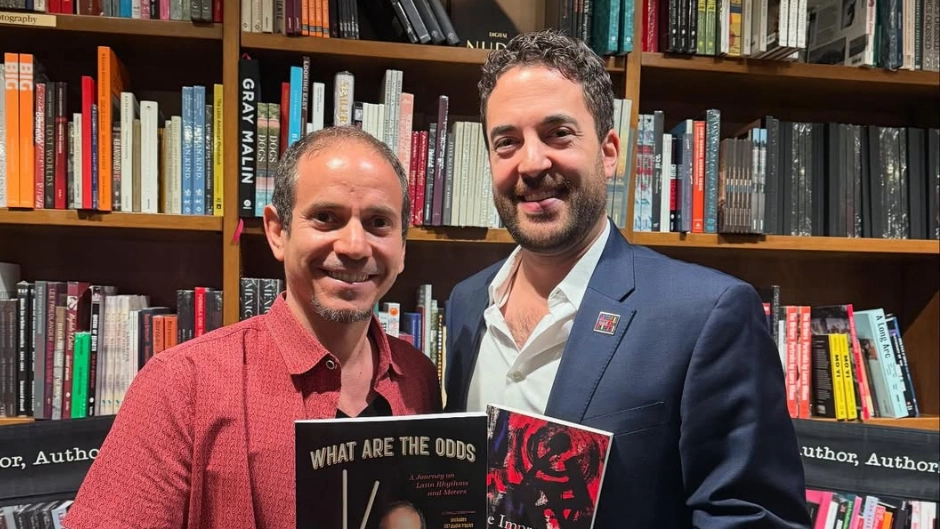 Frost School faculty members Dafnis Prieto and Mark Lomanno at Miami's Books & Books. Photo courtesy Dafnis Prieto/Frost School of Music.