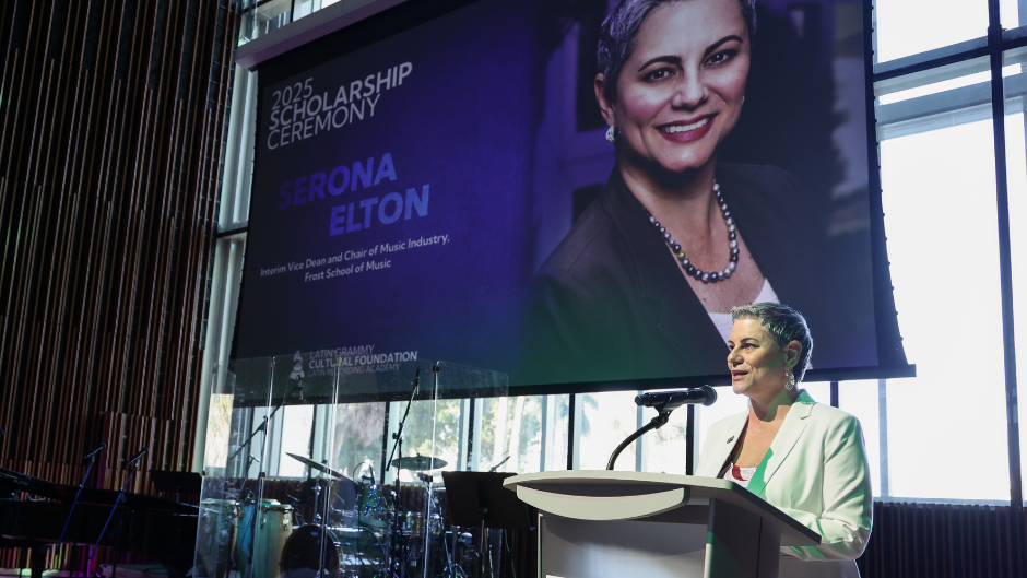 Serona Elton, the interim vice dean of the Frost School, welcomed the audience to the Knight Center for Music Innovation.