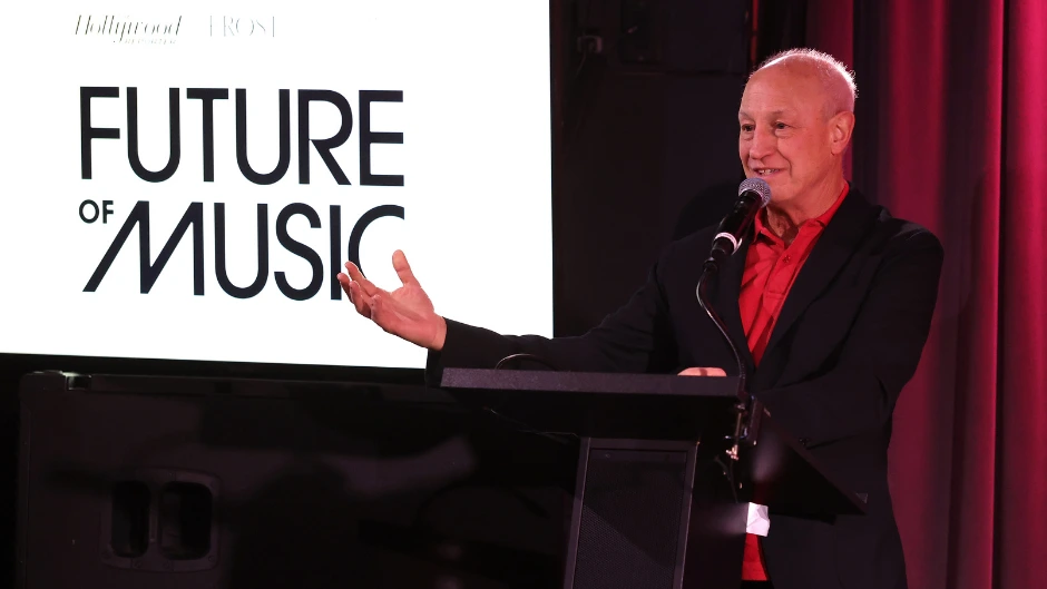 Frost School Dean Shelly Berg giving the welcome speech at the GRAMMY Museum. Photo courtesy of The Hollywood Reporter.
