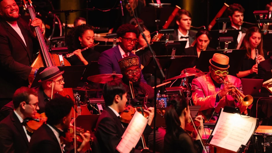 Etienne Charles, on trumpet, performing with Creole Soul and the Frost Symphony Orchestra at Lincoln Center. Photo by Lawrence Sumulong, © Lincoln Center