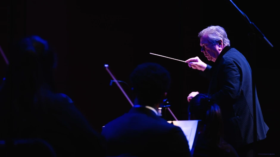 Frost School professor Gerard Schwarz conducts the Frost Symphony Orchestra in Etienne Charles "San Juan Hill: A New York Story." Etienne Charles, on trumpet, performing with Creole Soul and the Frost Symphony Orchestra at Lincoln Center. Photo by Lawrence Sumulong, © Lincoln Center