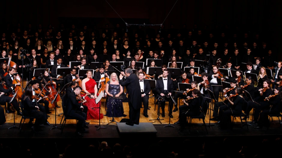 Gerard Schwarz led the Frost Symphony Orchestra and combined Frost School choirs in a performance of Beethoven's 9th Symphony at the Maurice Gusman Concert Hall. Photo by Gonzalo Mejia/Frost School of Music.