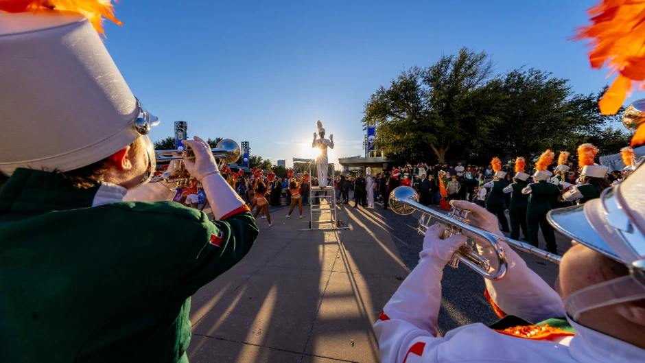 The Frost Band of the Hour on the road. Photo by Joshua Prezant/University of Miami.