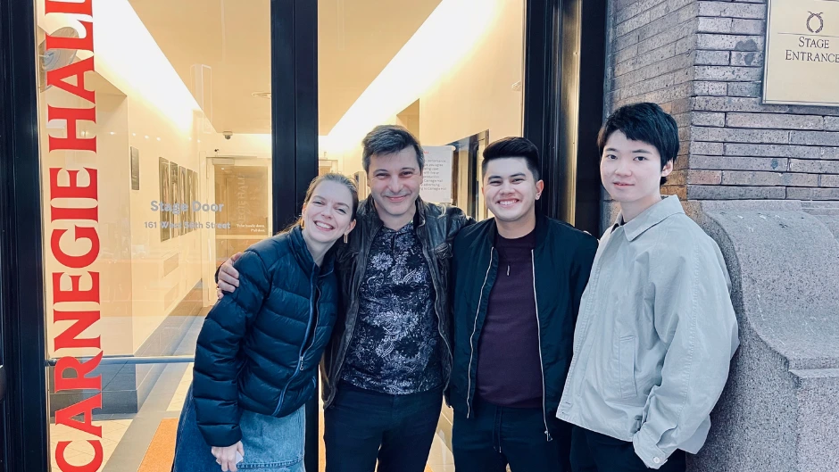 Frost School percussion professor Svet Stoyanov, second from left, with alumna Ksenija Komlijenovic, and students Shane Roderick and Mingyu Son at Carnegie Hall. Photo courtesy Svet Stoyanov.