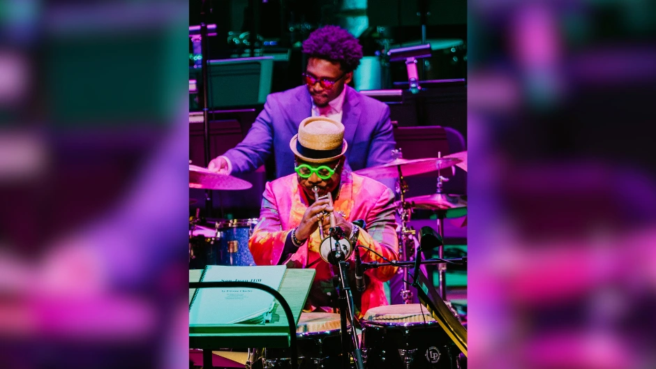 Brenten Handfield performing with Etienne Charles, Creole Soul and the Frost Symphony Orchestra at Lincoln Center last fall. Photo by Lawrence Sumulong, © Lincoln Center