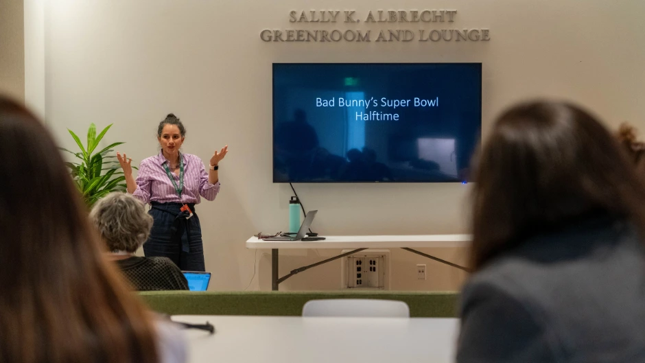 Marysol Quevedo giving a talk on Bad Bunny's Super Bowl performance at the Frost School. Photo by Gonzalo Mejia/Frost School of Music.