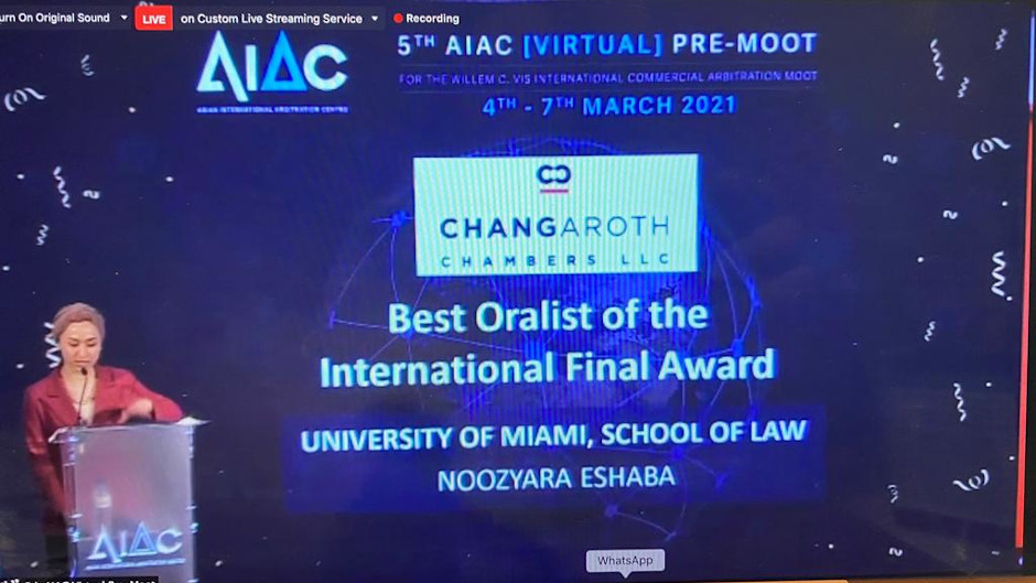 Miami Law Beats 100 Schools to Win Vis Arbitral Pre-Moot in Malaysia;  Student Receives Best Oralist Award