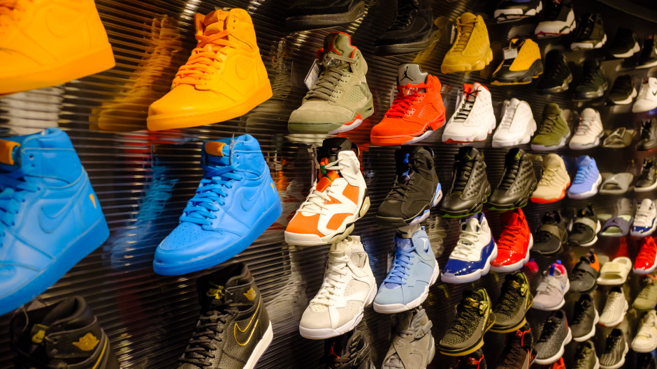Row of sneakers on the wall