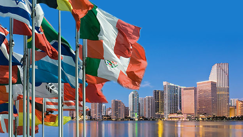 Various international flags with miami skyline behind them