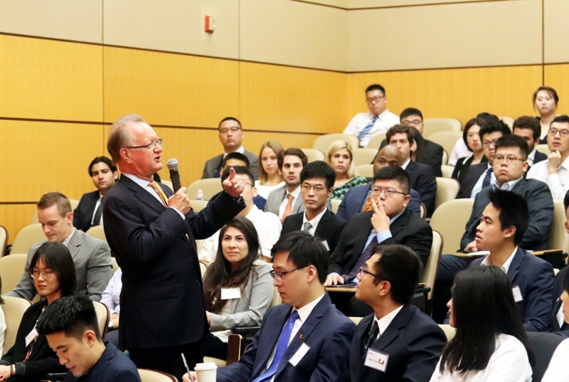 Dean Quelch welcomes new students during the Master of Science in Finance orientation in August 2019